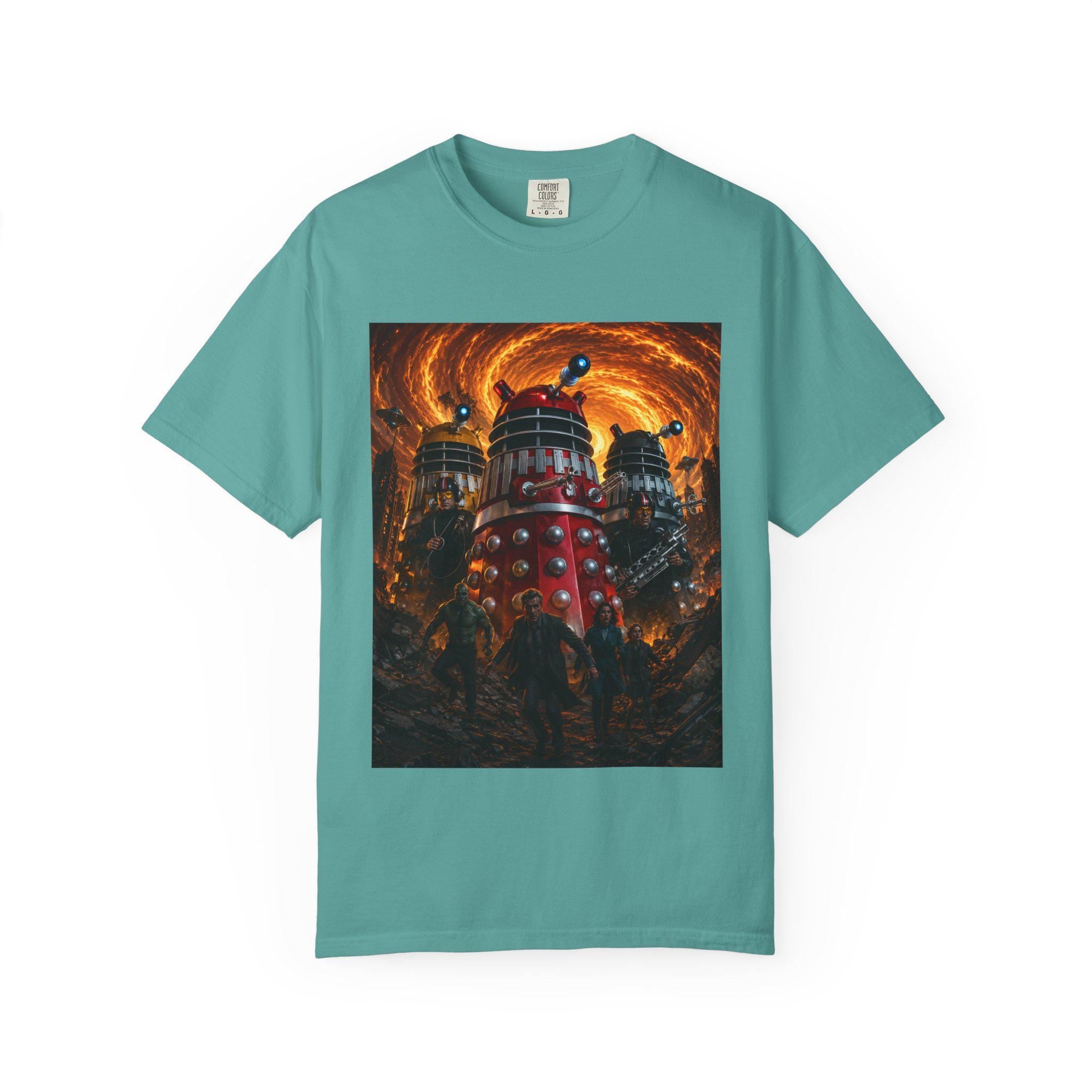 Dalek Invasion T-Shirt | Sci-Fi Robot Scene, Fiery Vortex Artwork