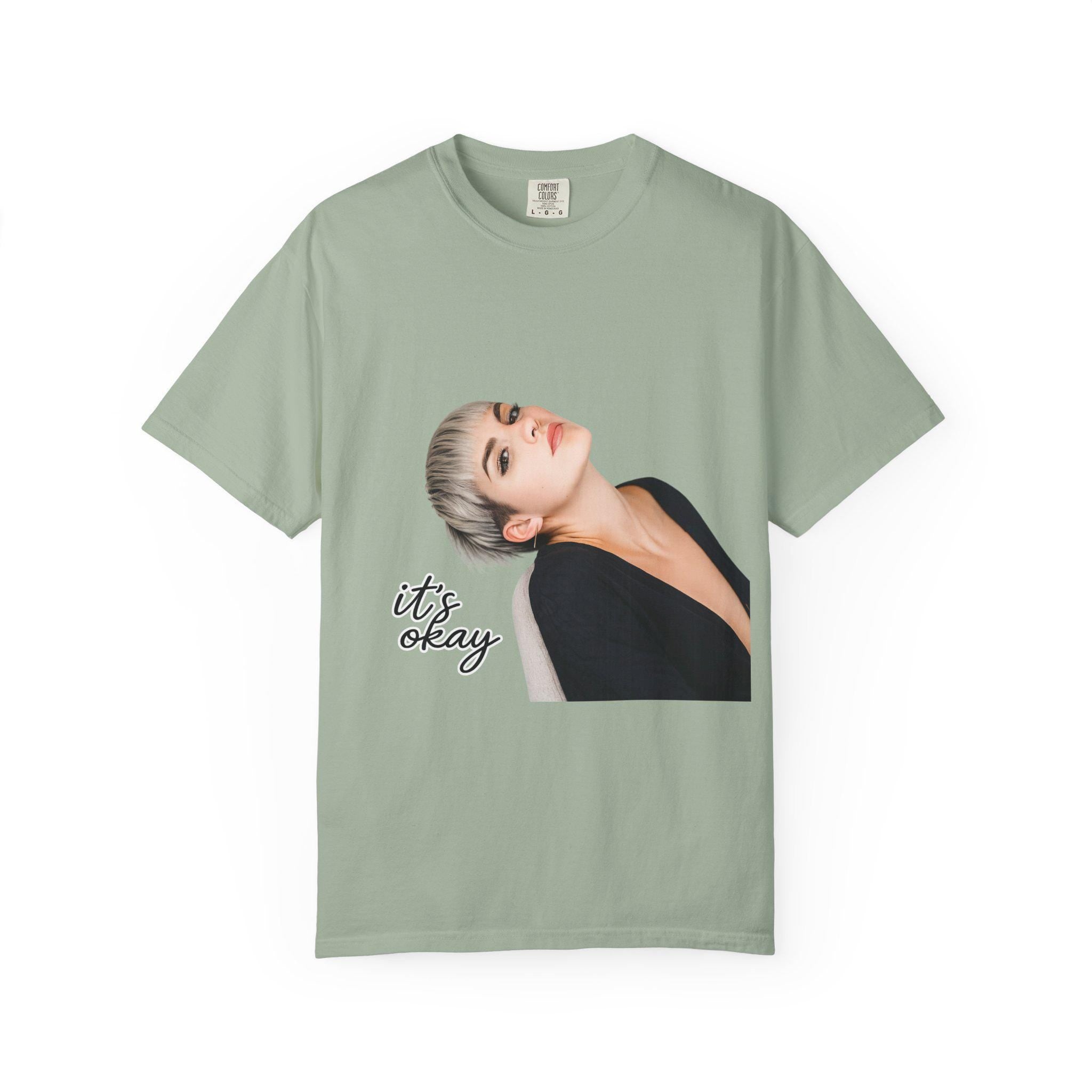 Garment-Dyed Cotton Tee: Contemplative Portrait "it's okay" Print
