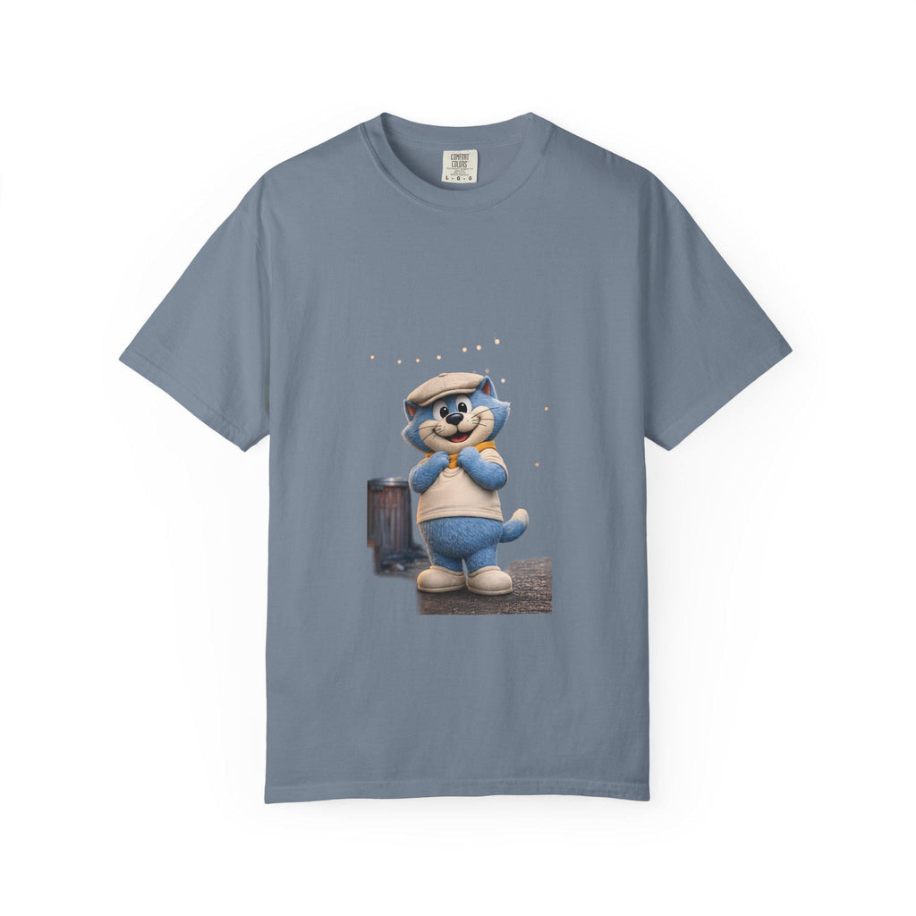 Garment-Dyed Cotton T-Shirt | Smiling Blue Cat Cartoon Illustration