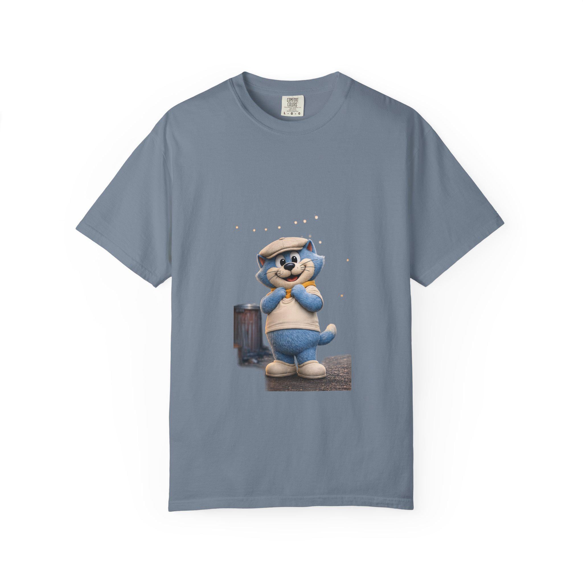 Garment-Dyed Cotton T-Shirt | Smiling Blue Cat Cartoon Illustration