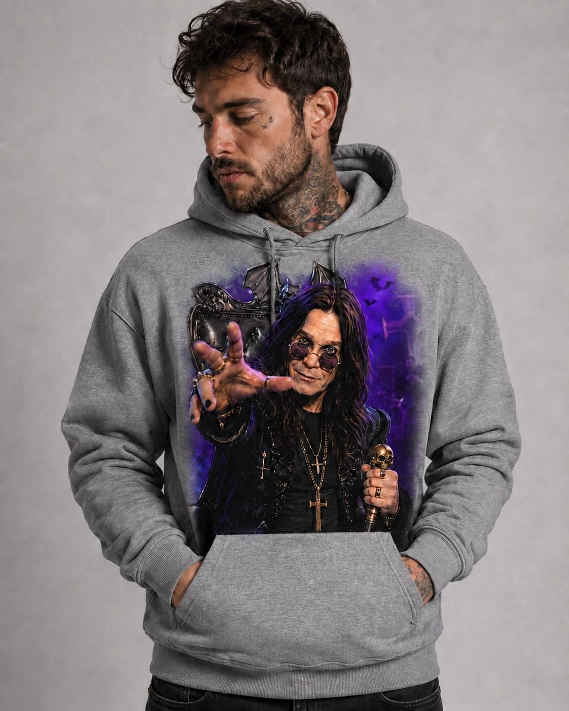 Ozzy Osbourne Gothic Rock Hoodie: Bat Wing Throne Concert Graphic Print