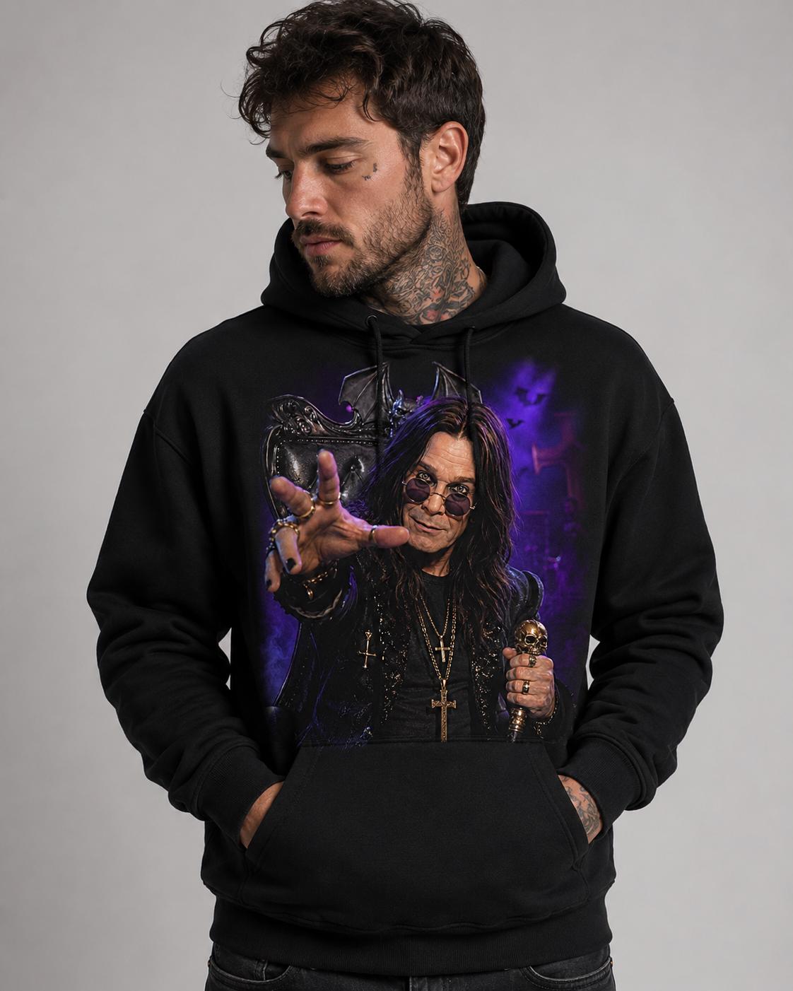 Ozzy Osbourne Gothic Rock Hoodie: Bat Wing Throne Concert Graphic Print