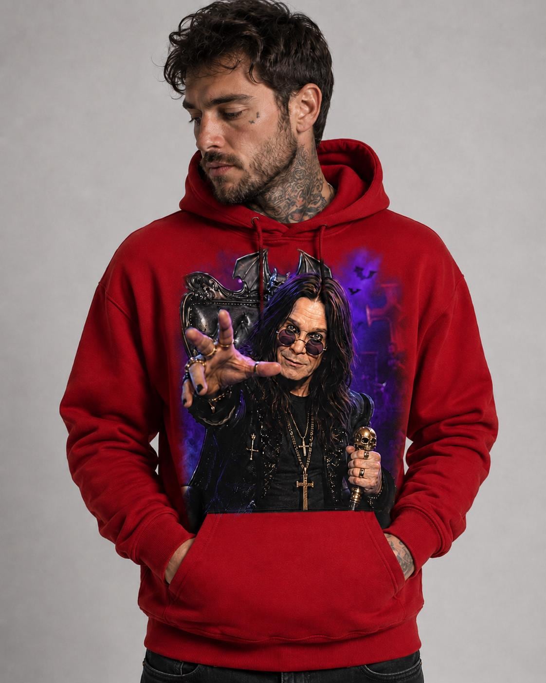 Ozzy Osbourne Gothic Rock Hoodie: Bat Wing Throne Concert Graphic Print