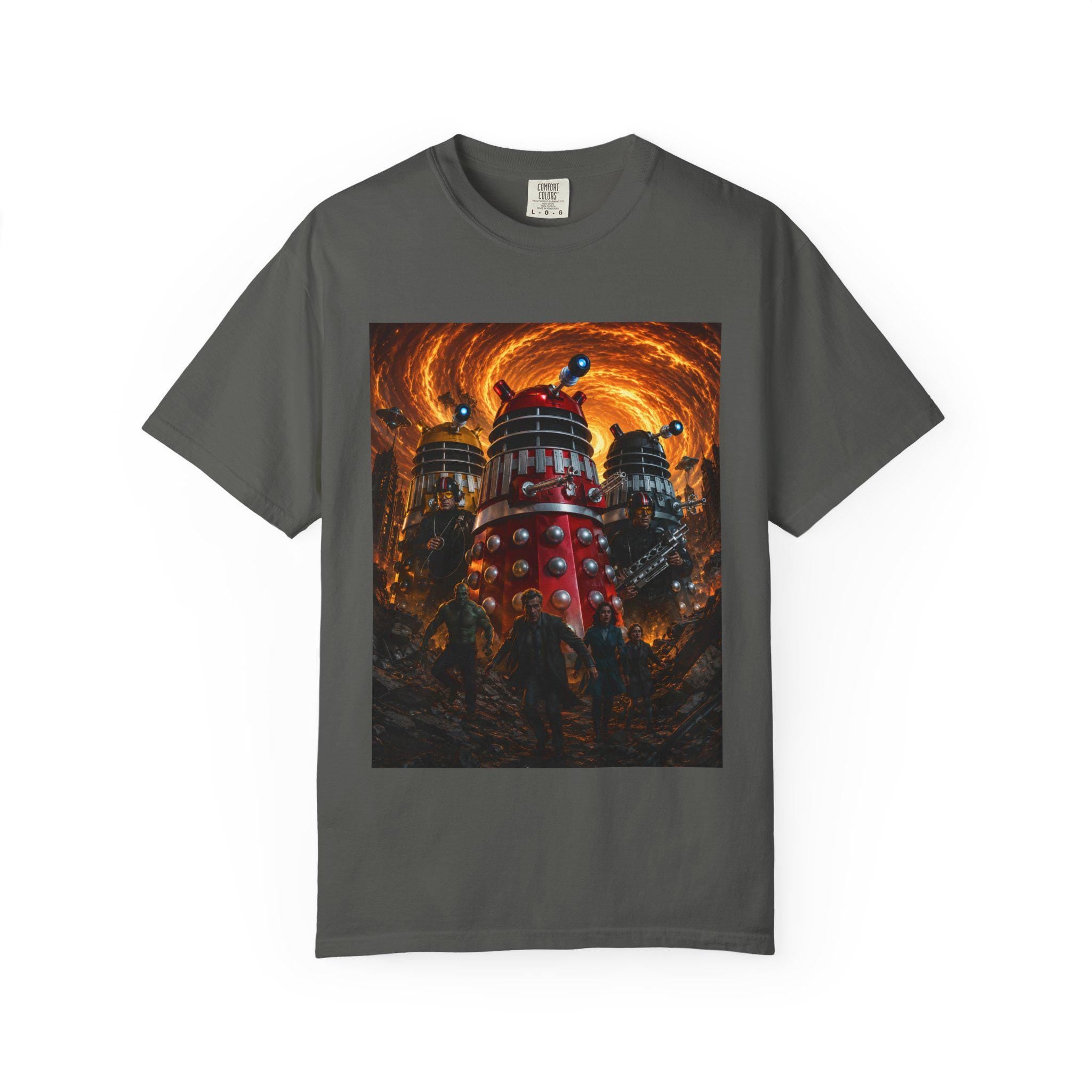 Dalek Invasion T-Shirt | Sci-Fi Robot Scene, Fiery Vortex Artwork