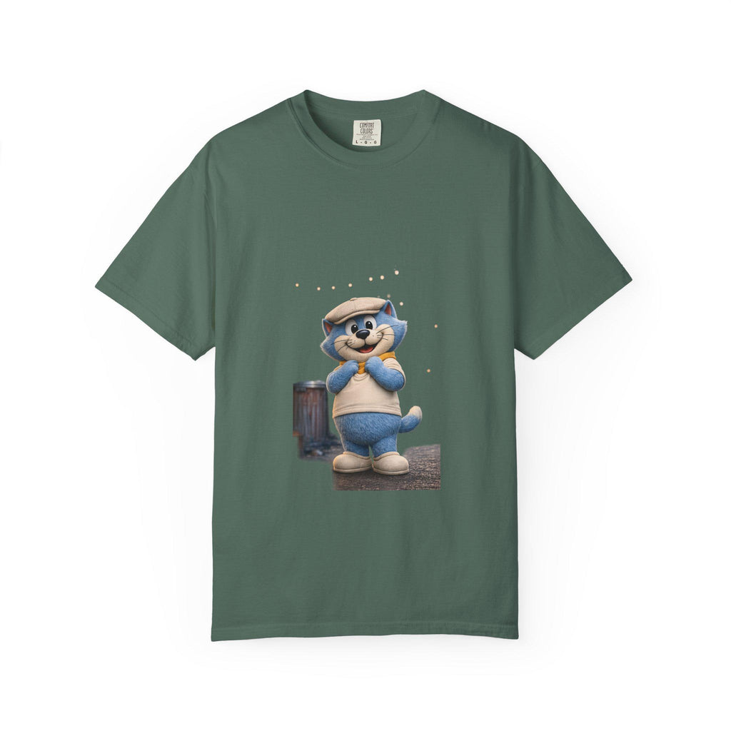 Garment-Dyed Cotton T-Shirt | Smiling Blue Cat Cartoon Illustration
