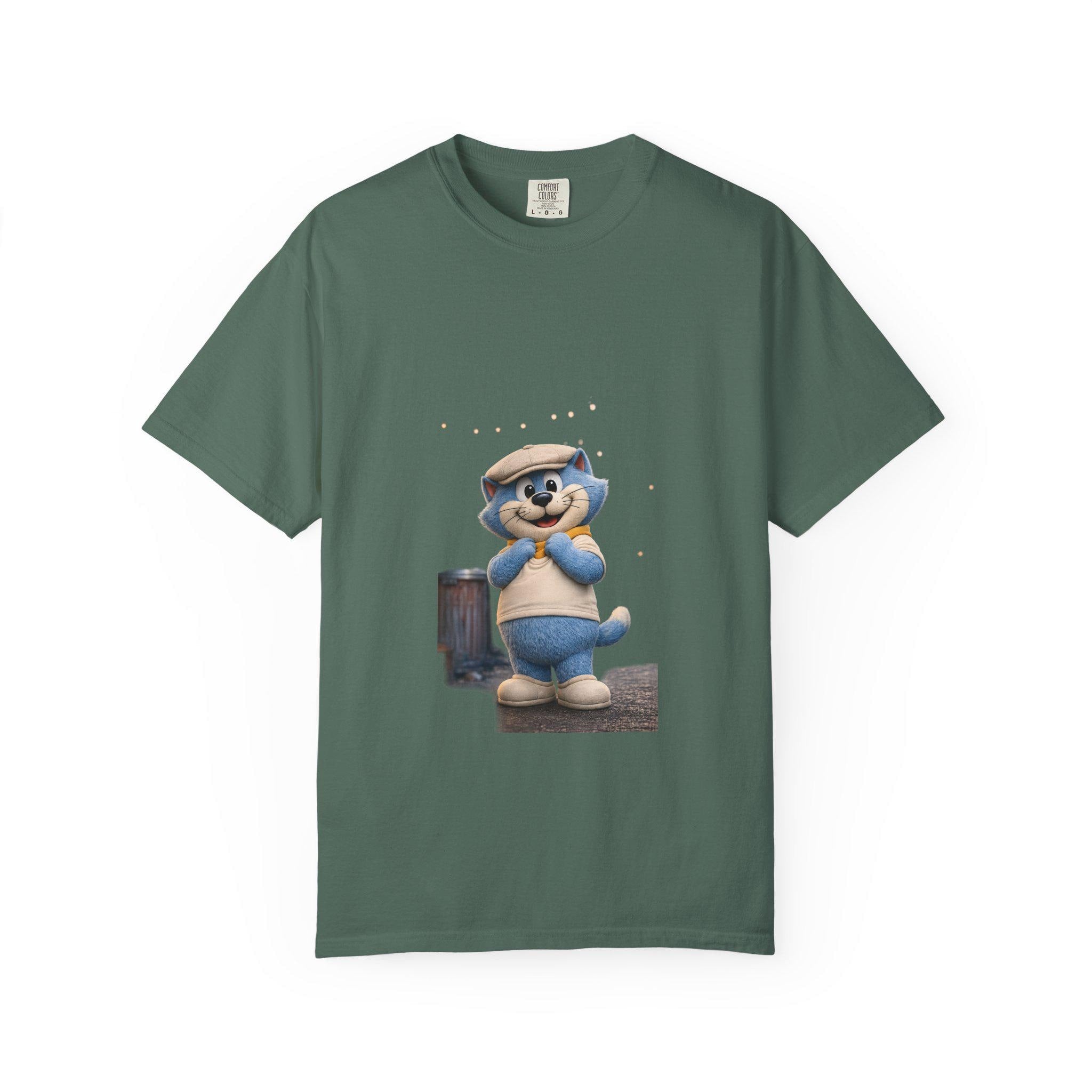 Garment-Dyed Cotton T-Shirt | Smiling Blue Cat Cartoon Illustration