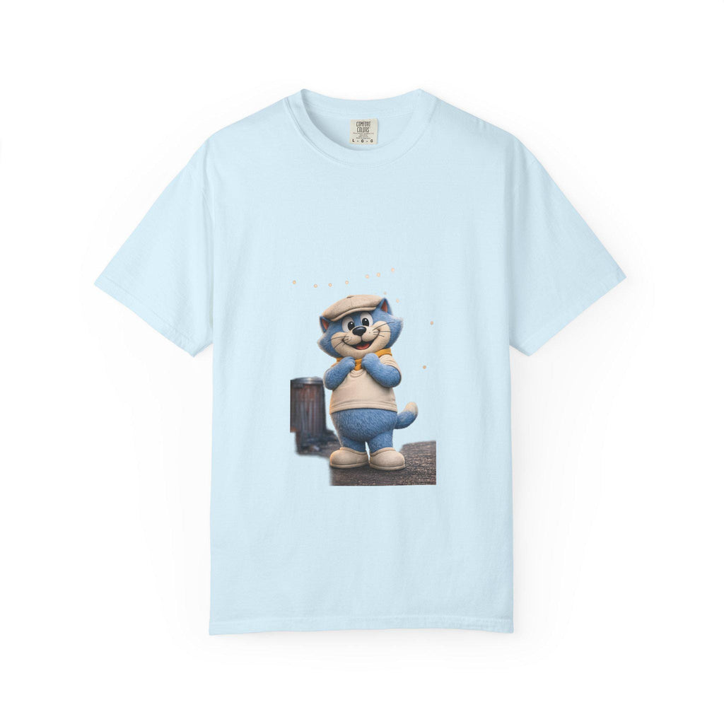 Garment-Dyed Cotton T-Shirt | Smiling Blue Cat Cartoon Illustration