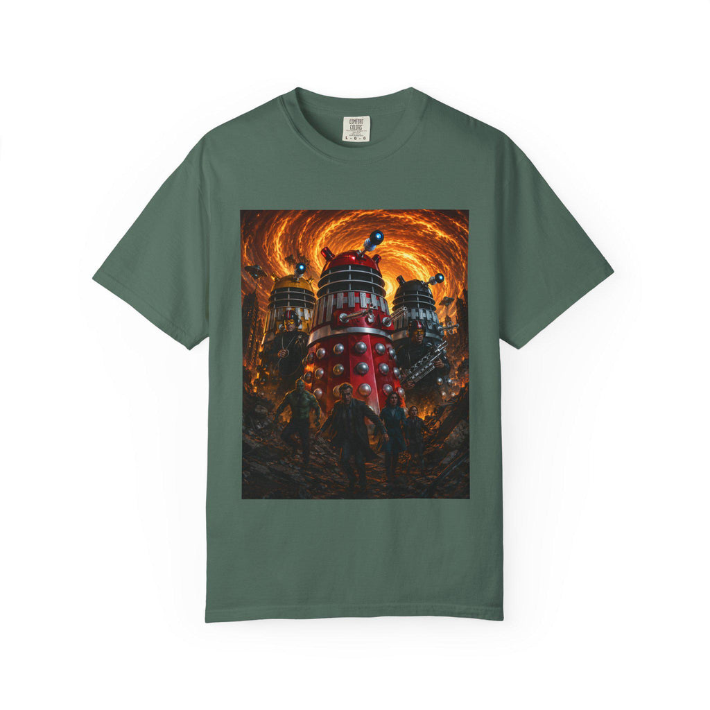 Dalek Invasion T-Shirt | Sci-Fi Robot Scene, Fiery Vortex Artwork