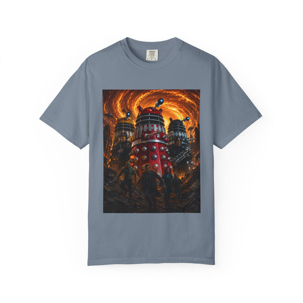 Dalek Invasion T-Shirt | Sci-Fi Robot Scene, Fiery Vortex Artwork