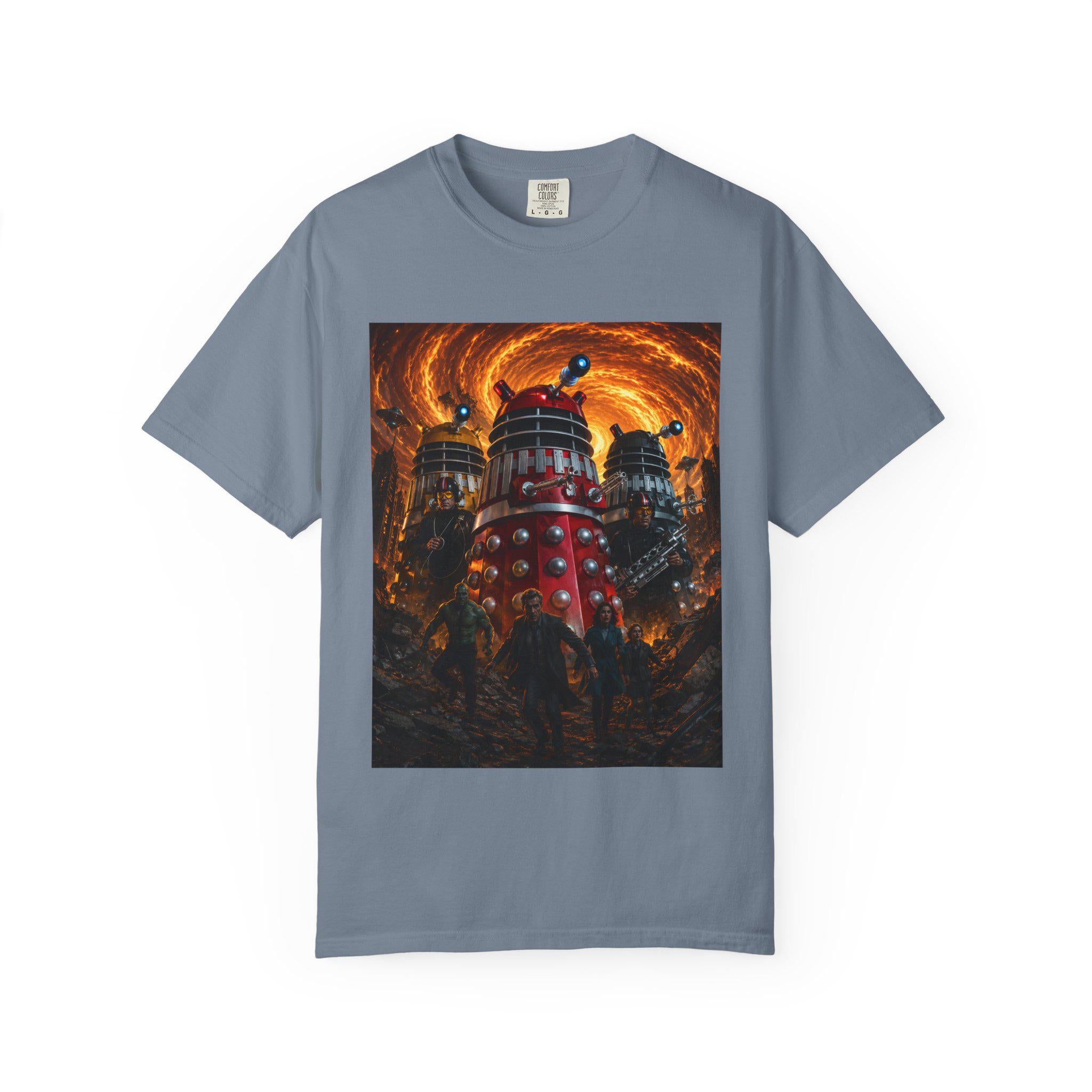 Dalek Invasion T-Shirt | Sci-Fi Robot Scene, Fiery Vortex Artwork