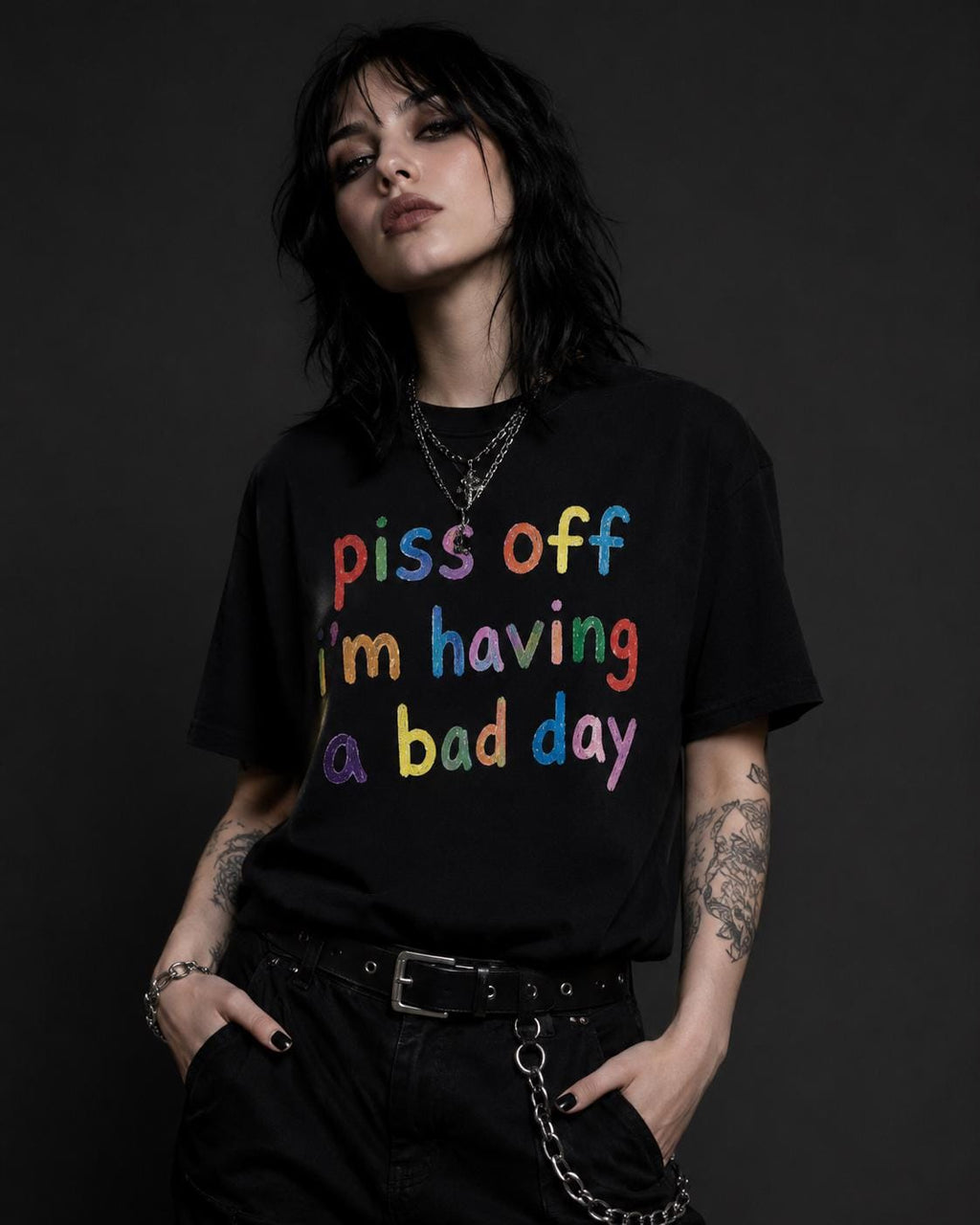 Black Oversized Statement Tee: Colorful Hand-Painted Slogan, Streetwear Attitude