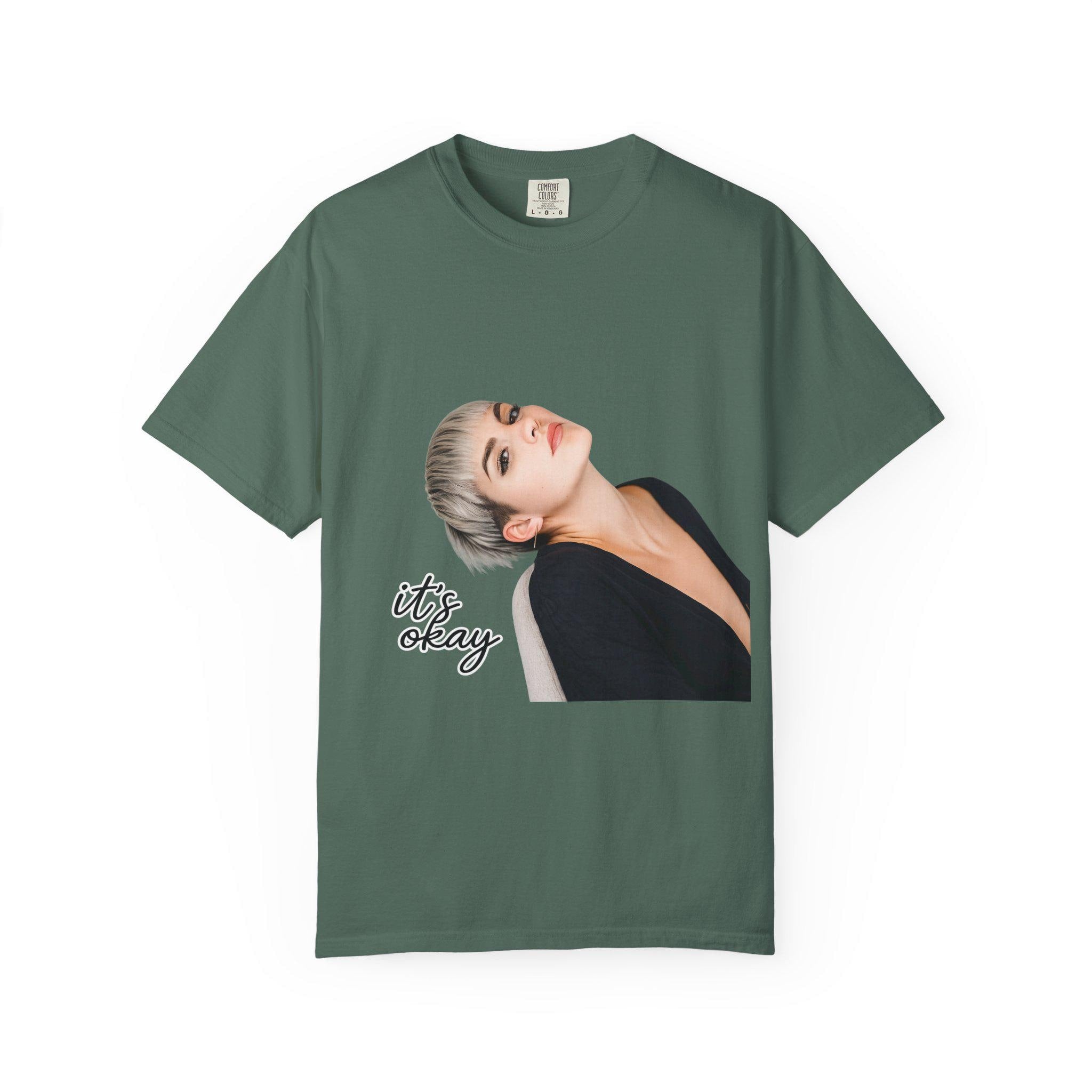 Garment-Dyed Cotton Tee: Contemplative Portrait "it's okay" Print