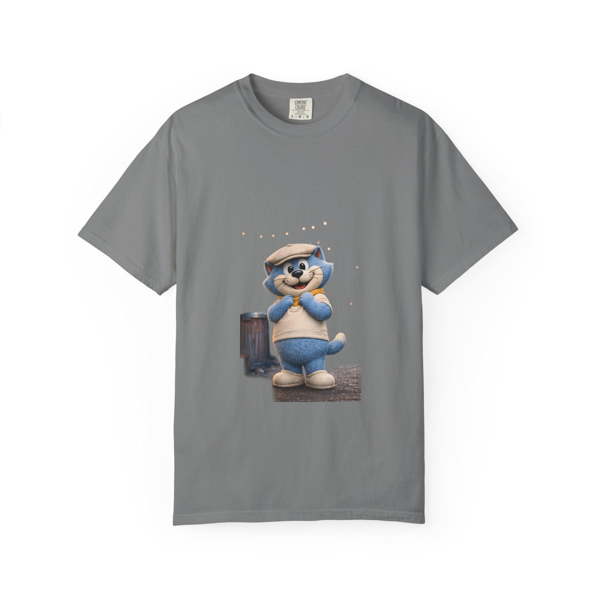 Garment-Dyed Cotton T-Shirt | Smiling Blue Cat Cartoon Illustration