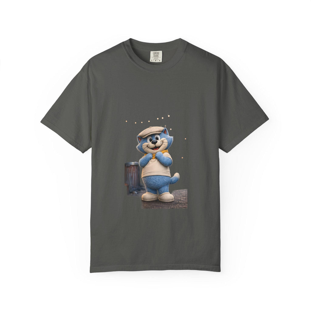 Garment-Dyed Cotton T-Shirt | Smiling Blue Cat Cartoon Illustration