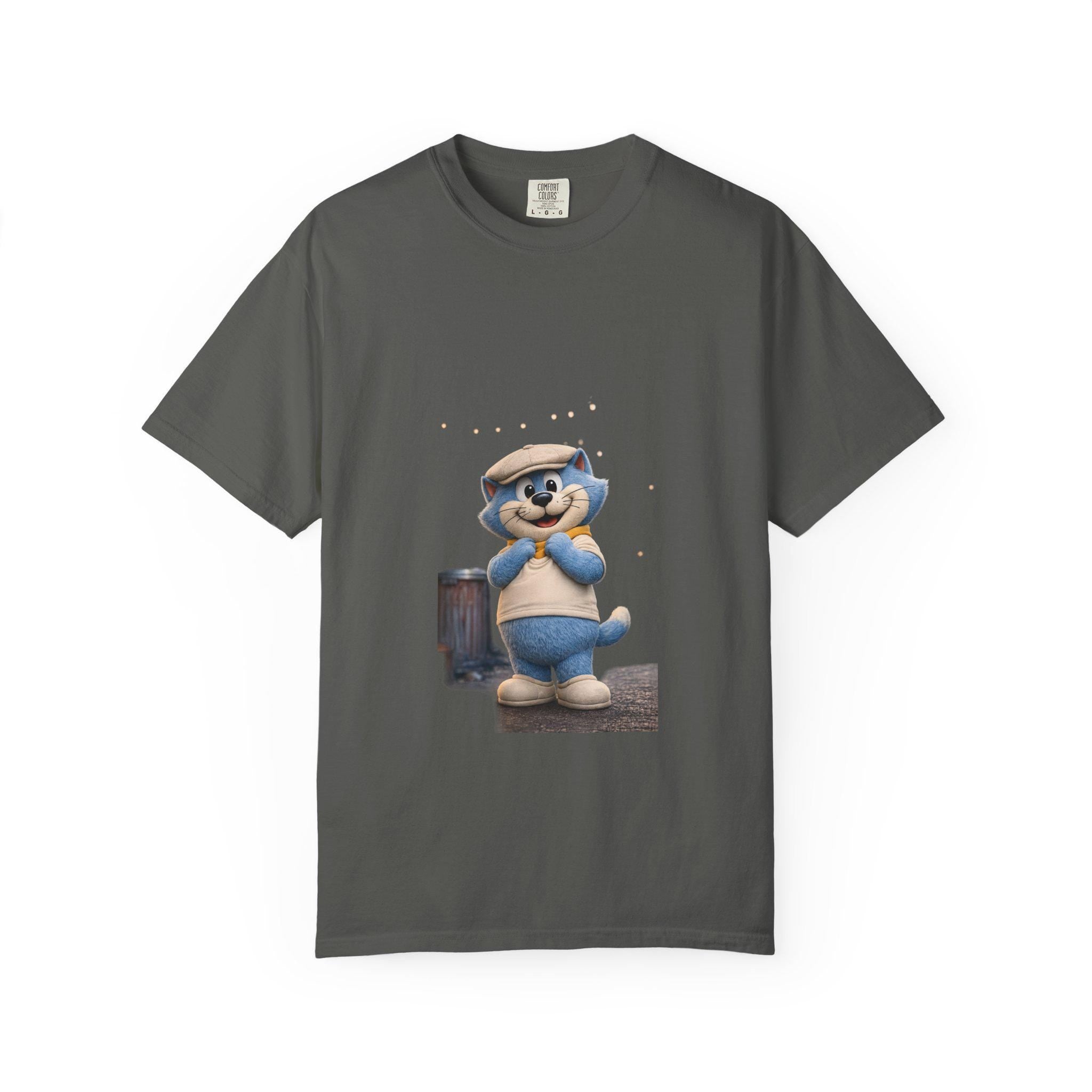 Garment-Dyed Cotton T-Shirt | Smiling Blue Cat Cartoon Illustration