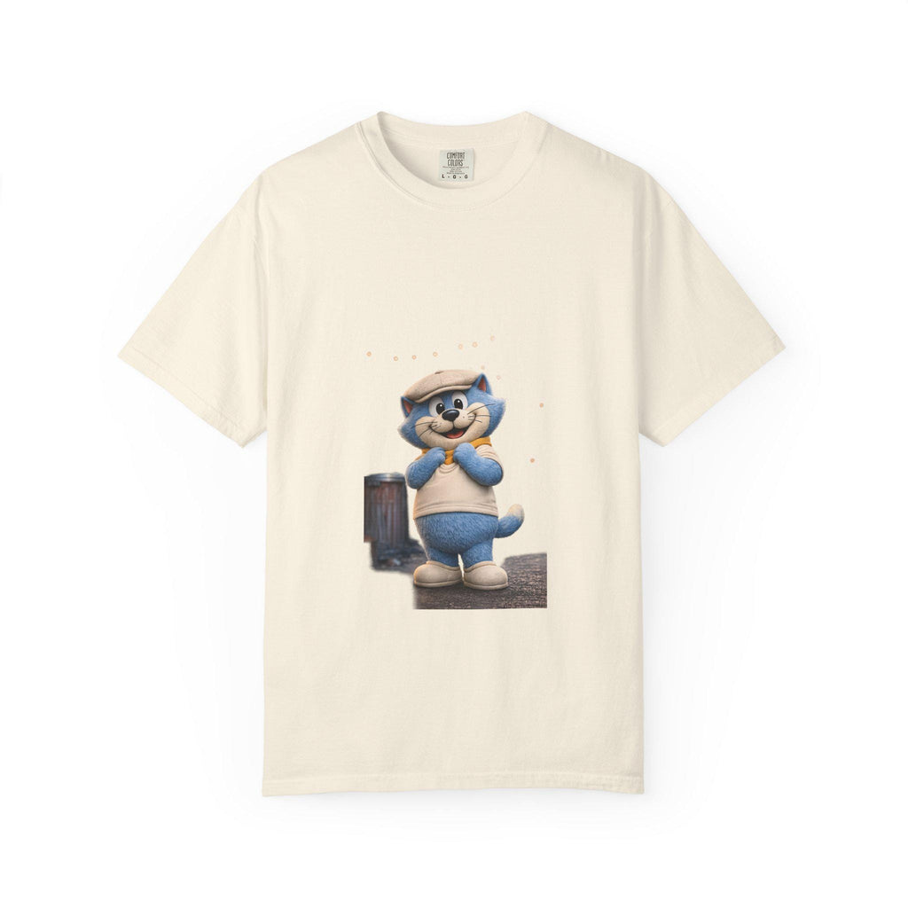 Garment-Dyed Cotton T-Shirt | Smiling Blue Cat Cartoon Illustration