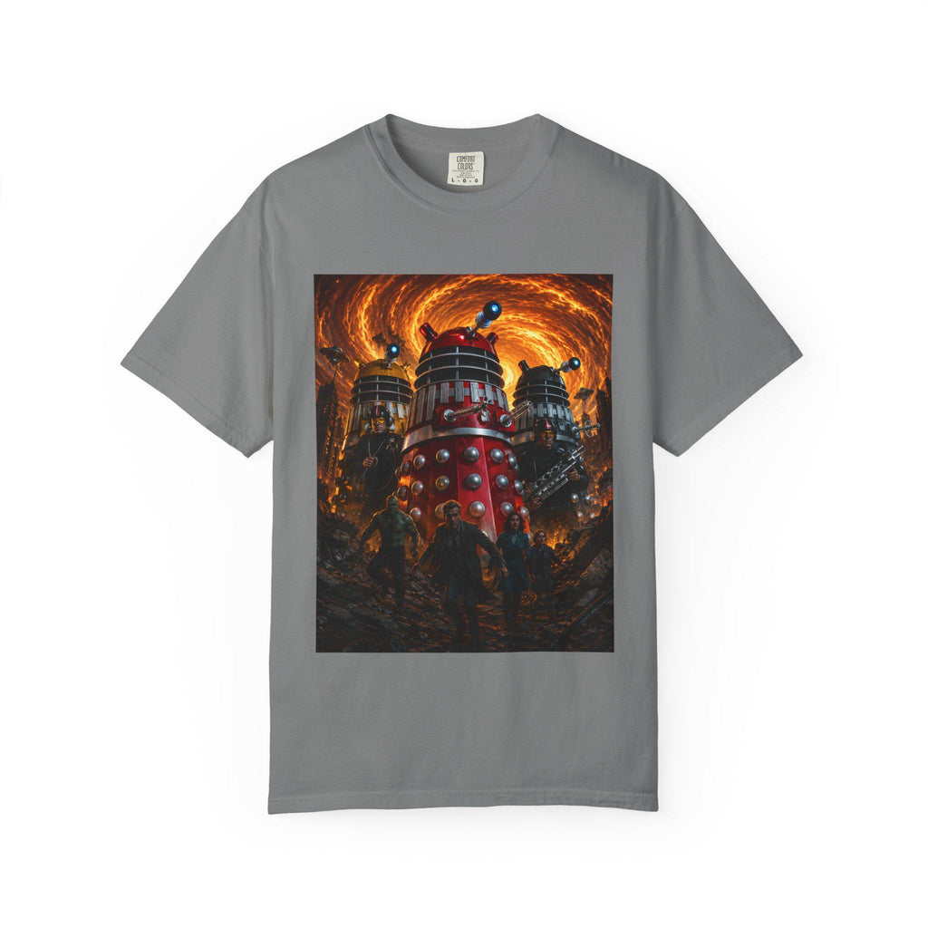 Dalek Invasion T-Shirt | Sci-Fi Robot Scene, Fiery Vortex Artwork