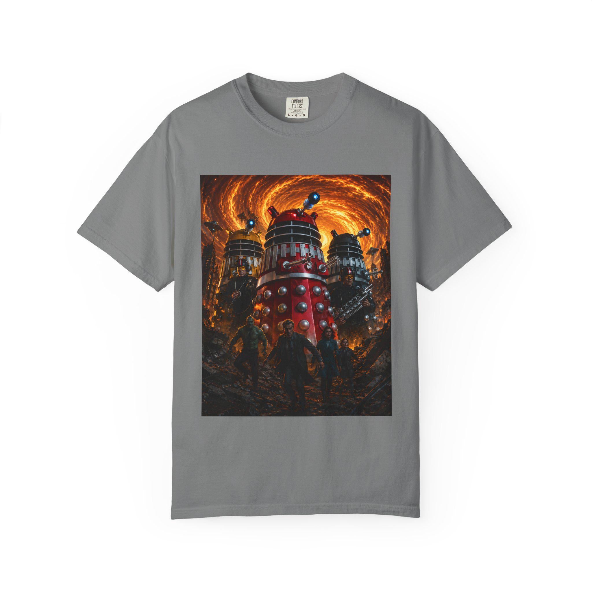 Dalek Invasion T-Shirt | Sci-Fi Robot Scene, Fiery Vortex Artwork