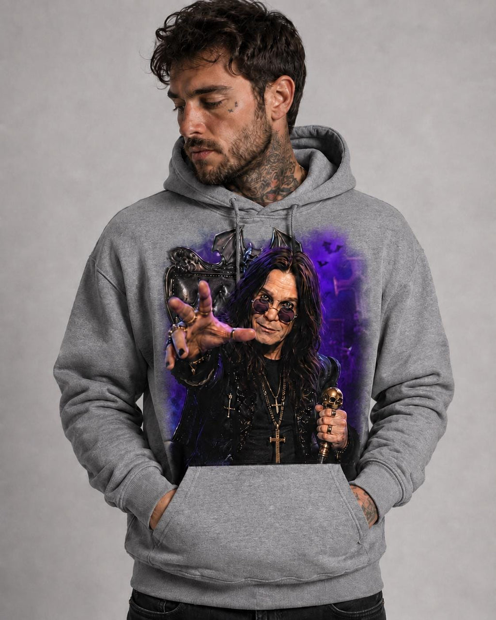 Ozzy Osbourne Gothic Rock Hoodie: Bat Wing Throne Concert Graphic Print