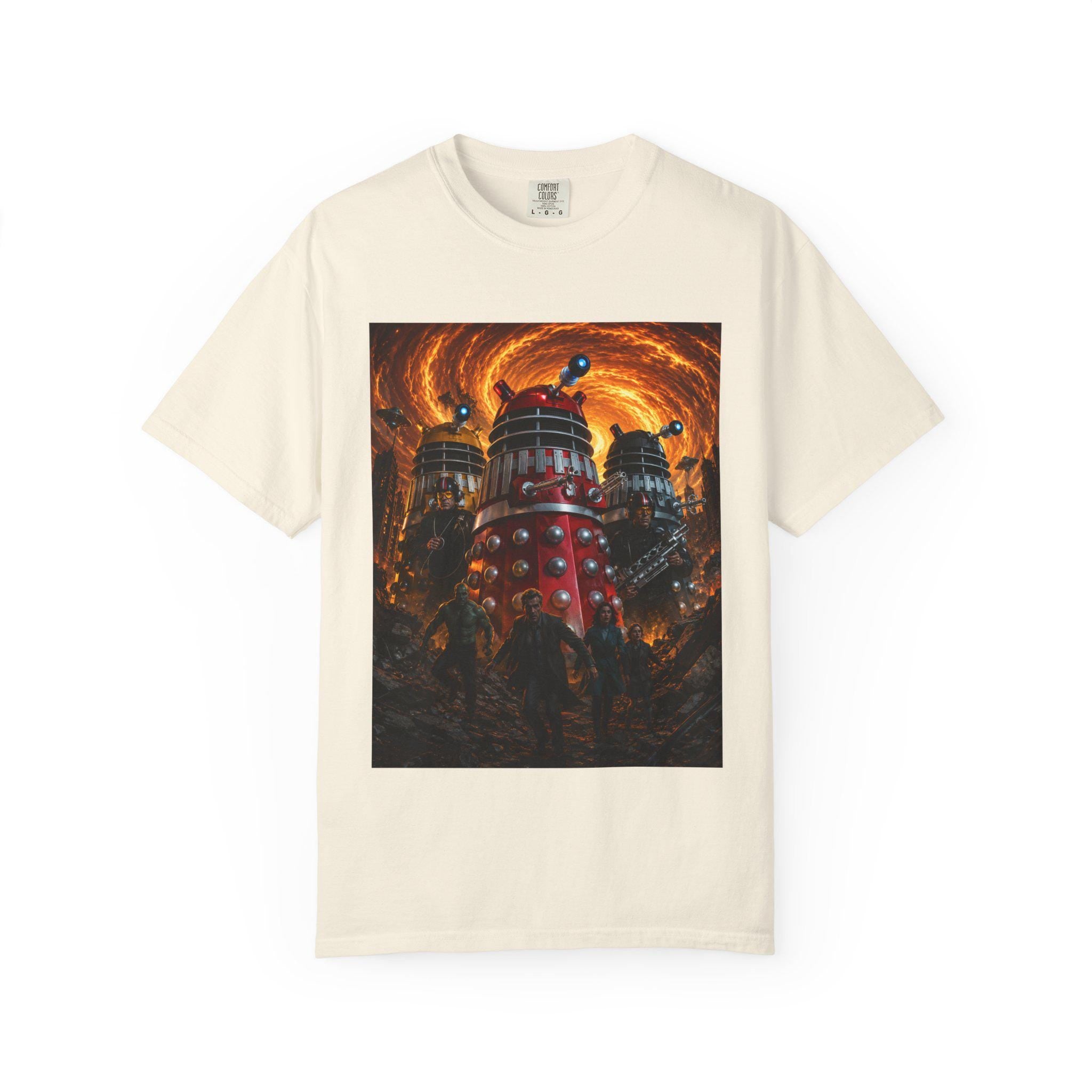 Dalek Invasion T-Shirt | Sci-Fi Robot Scene, Fiery Vortex Artwork