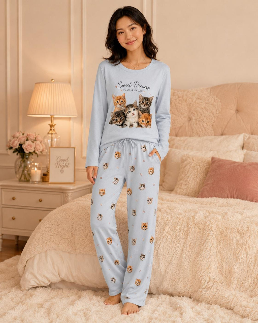 Women's Kitten Print Pajama Set: Long Sleeve Sleepwear, Cozy Loungewear