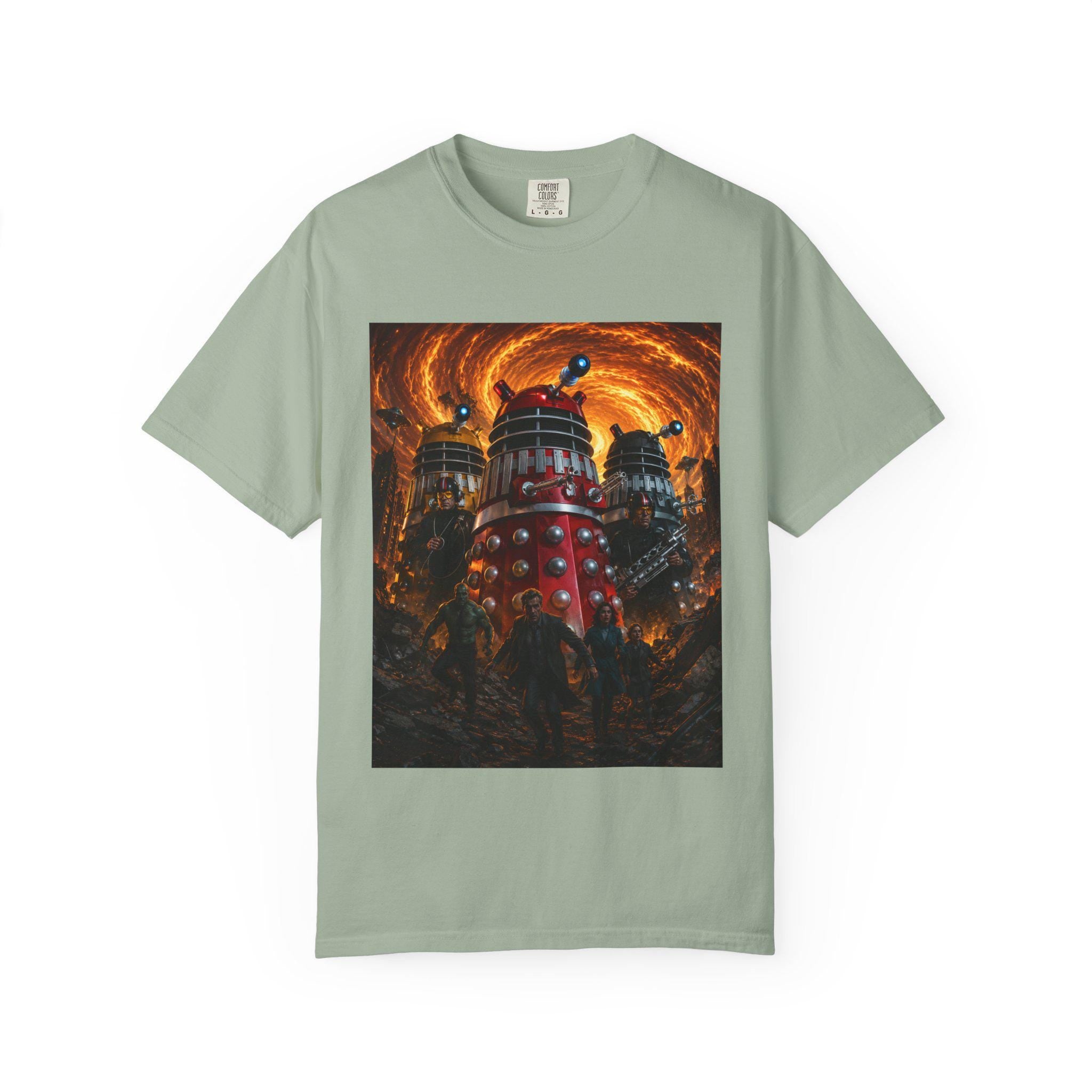 Dalek Invasion T-Shirt | Sci-Fi Robot Scene, Fiery Vortex Artwork