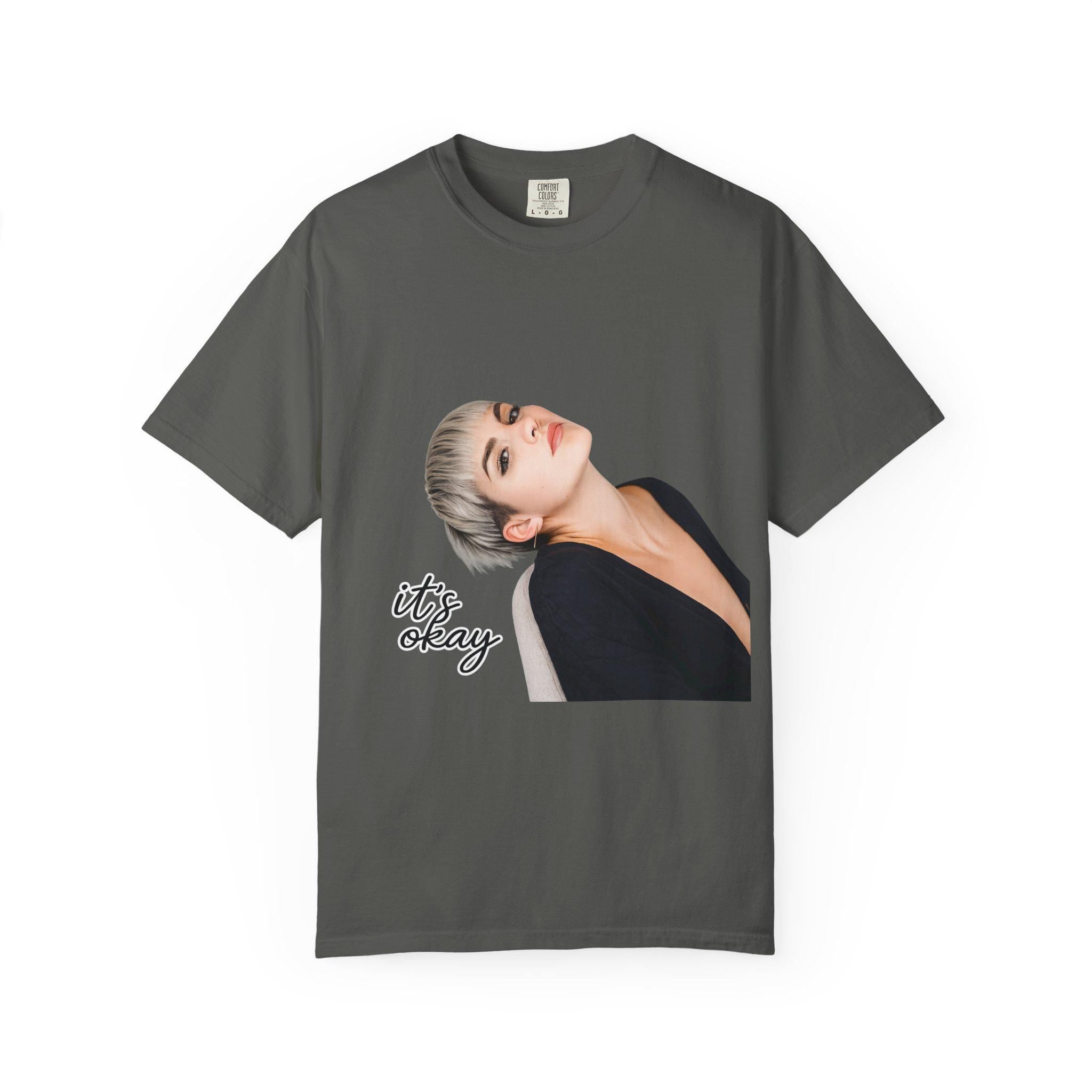 Garment-Dyed Cotton Tee: Contemplative Portrait "it's okay" Print