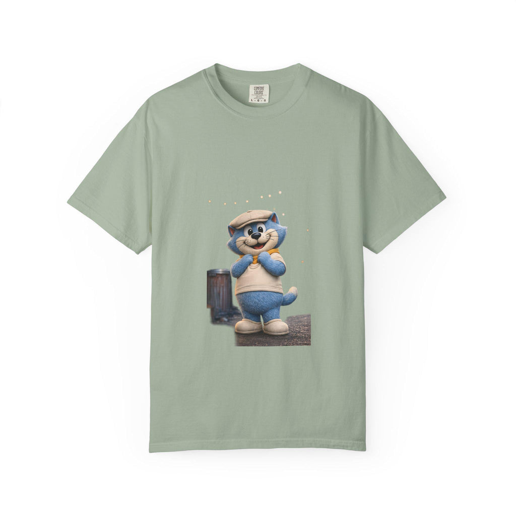 Garment-Dyed Cotton T-Shirt | Smiling Blue Cat Cartoon Illustration