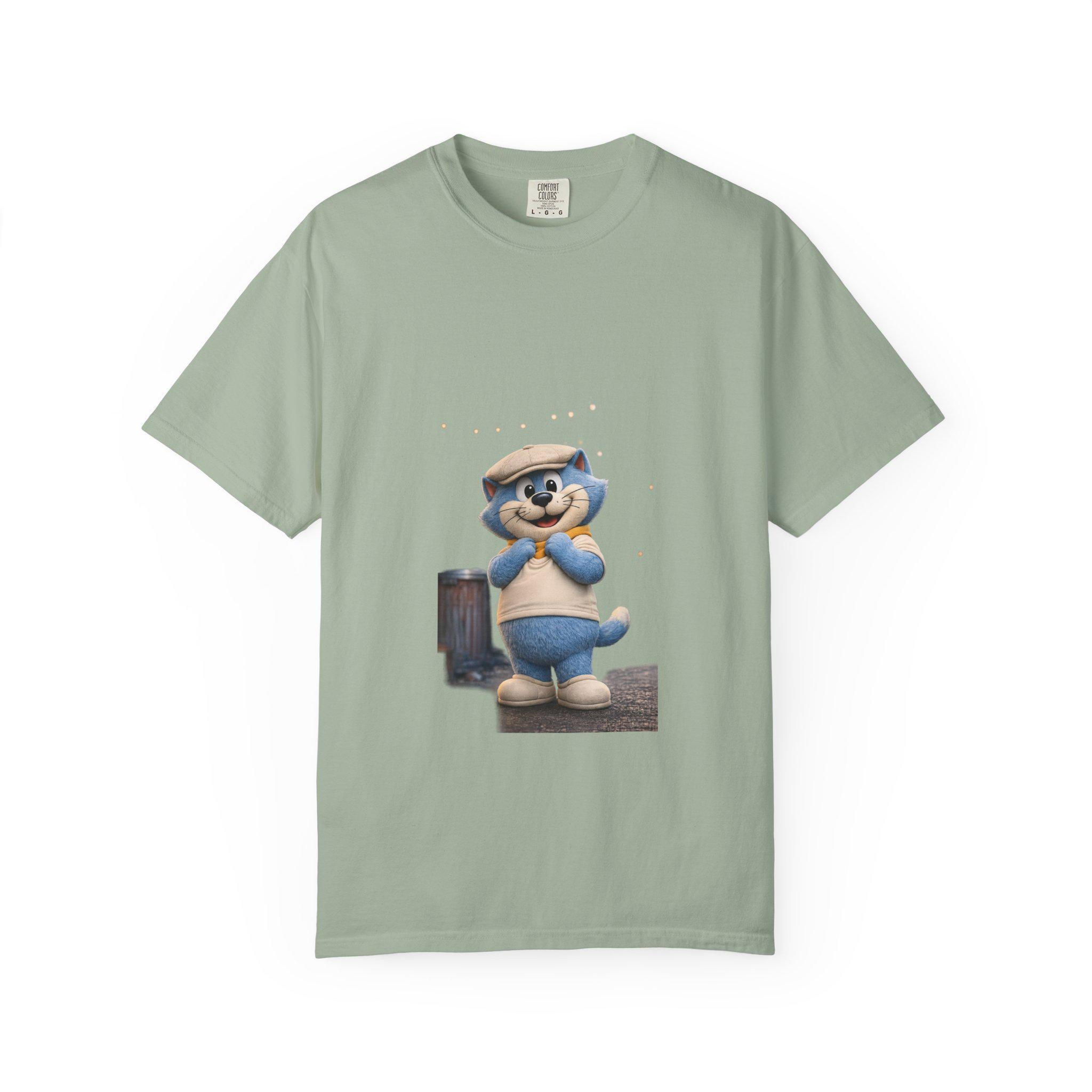 Garment-Dyed Cotton T-Shirt | Smiling Blue Cat Cartoon Illustration