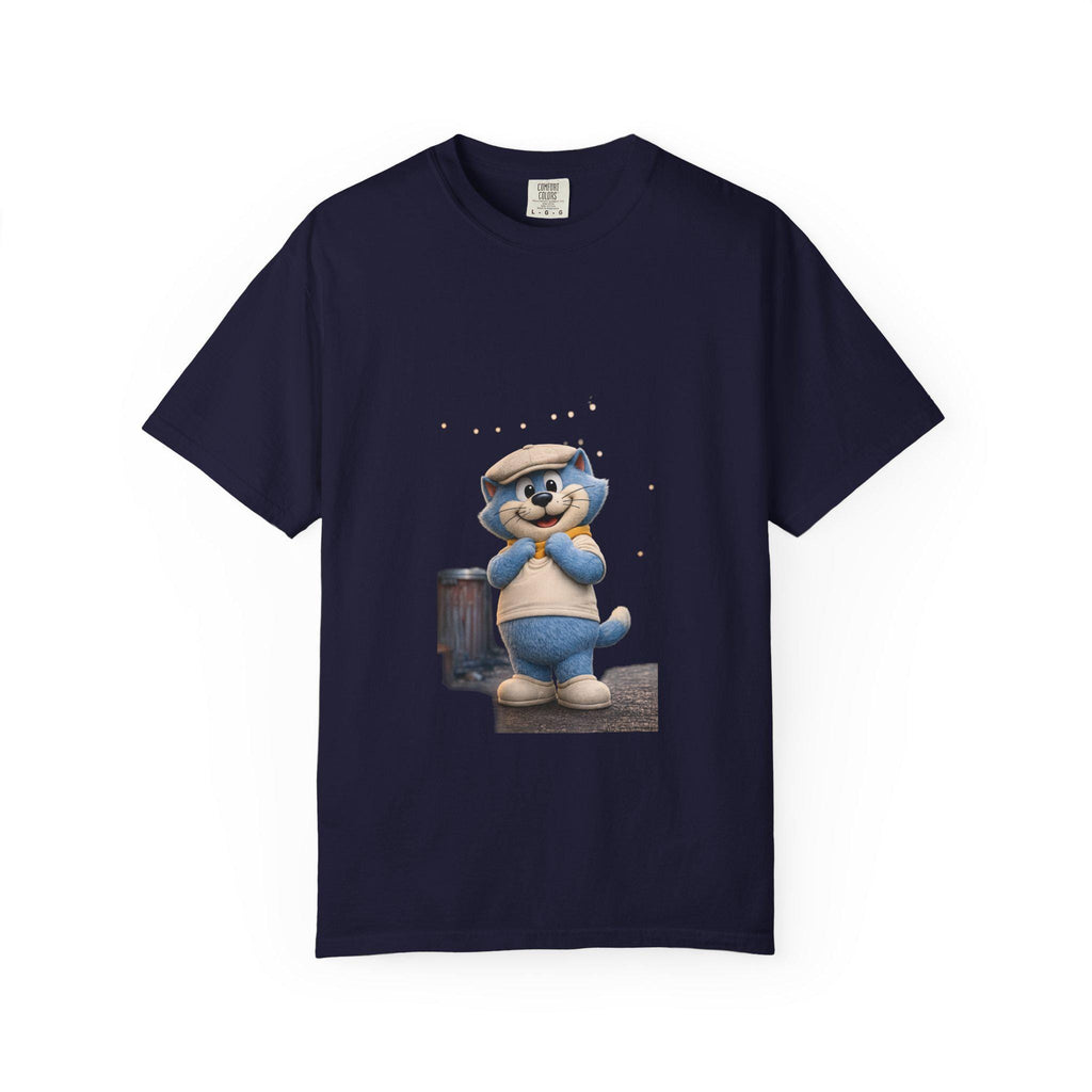 Garment-Dyed Cotton T-Shirt | Smiling Blue Cat Cartoon Illustration