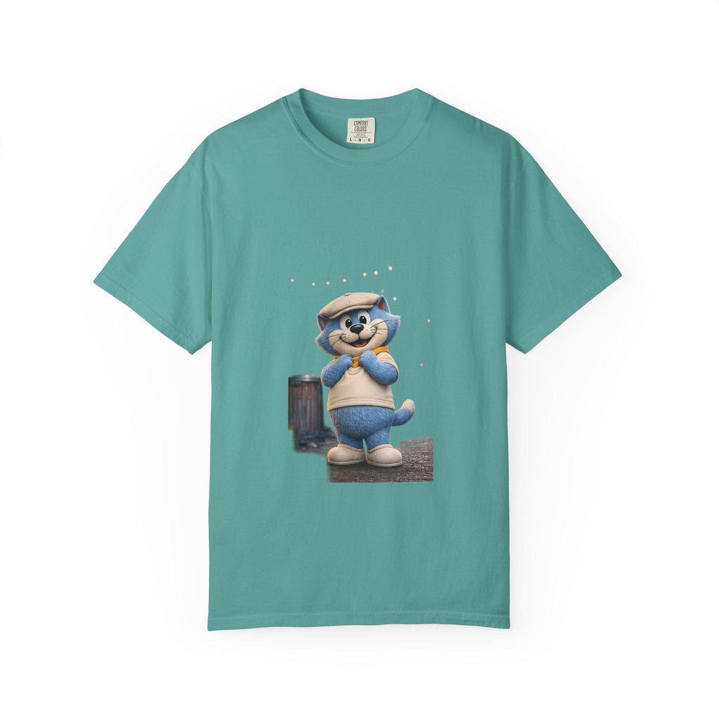 Garment-Dyed Cotton T-Shirt | Smiling Blue Cat Cartoon Illustration