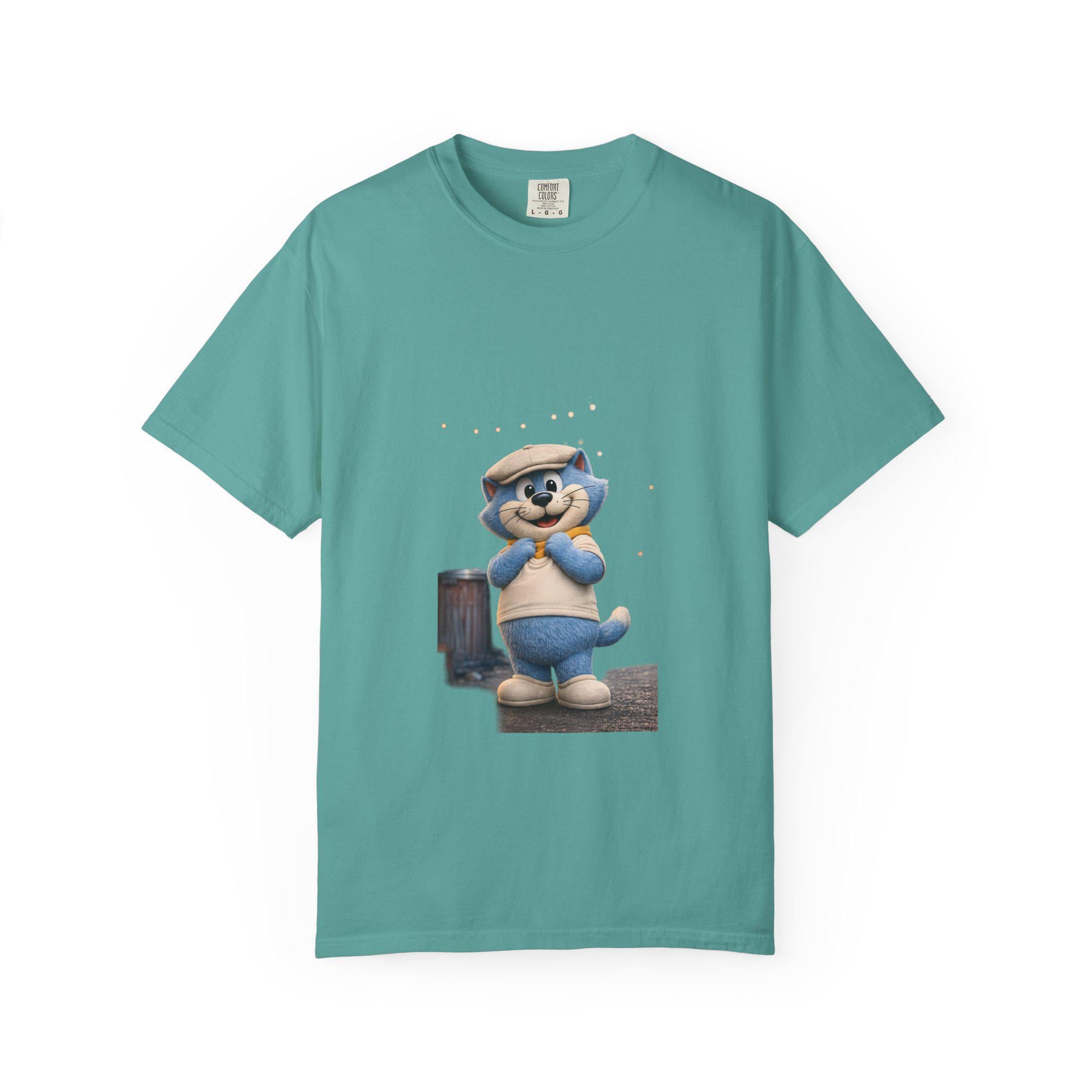 Garment-Dyed Cotton T-Shirt | Smiling Blue Cat Cartoon Illustration