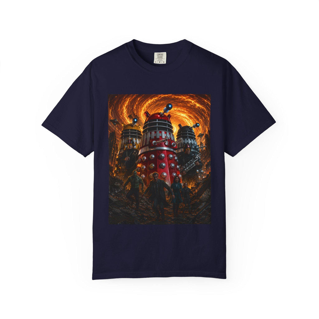 Dalek Invasion T-Shirt | Sci-Fi Robot Scene, Fiery Vortex Artwork