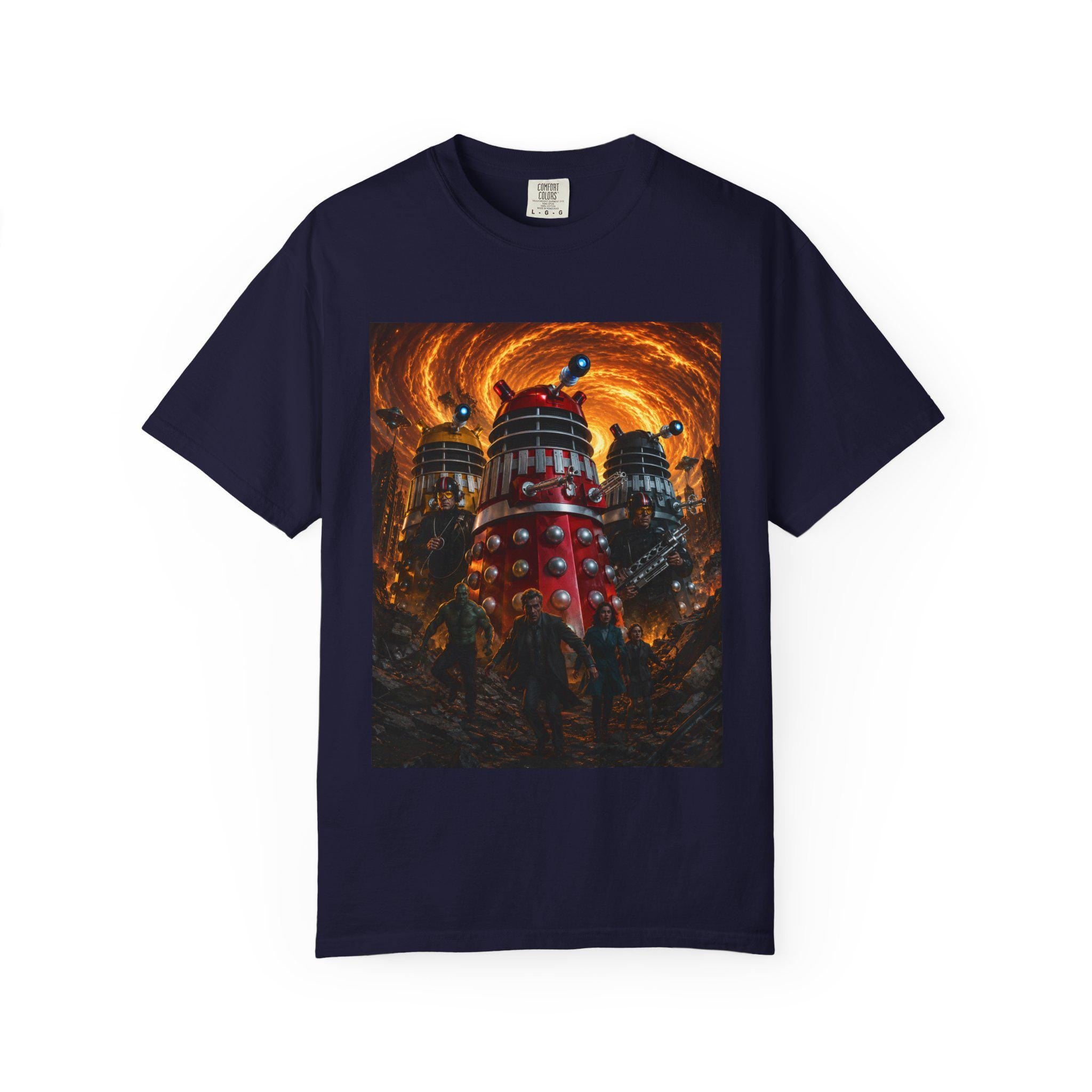 Dalek Invasion T-Shirt | Sci-Fi Robot Scene, Fiery Vortex Artwork