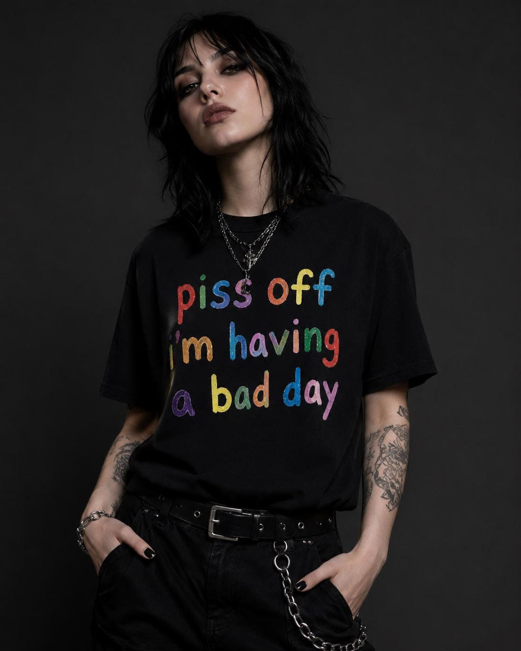 Black Oversized Statement Tee: Colorful Hand-Painted Slogan, Streetwear Attitude