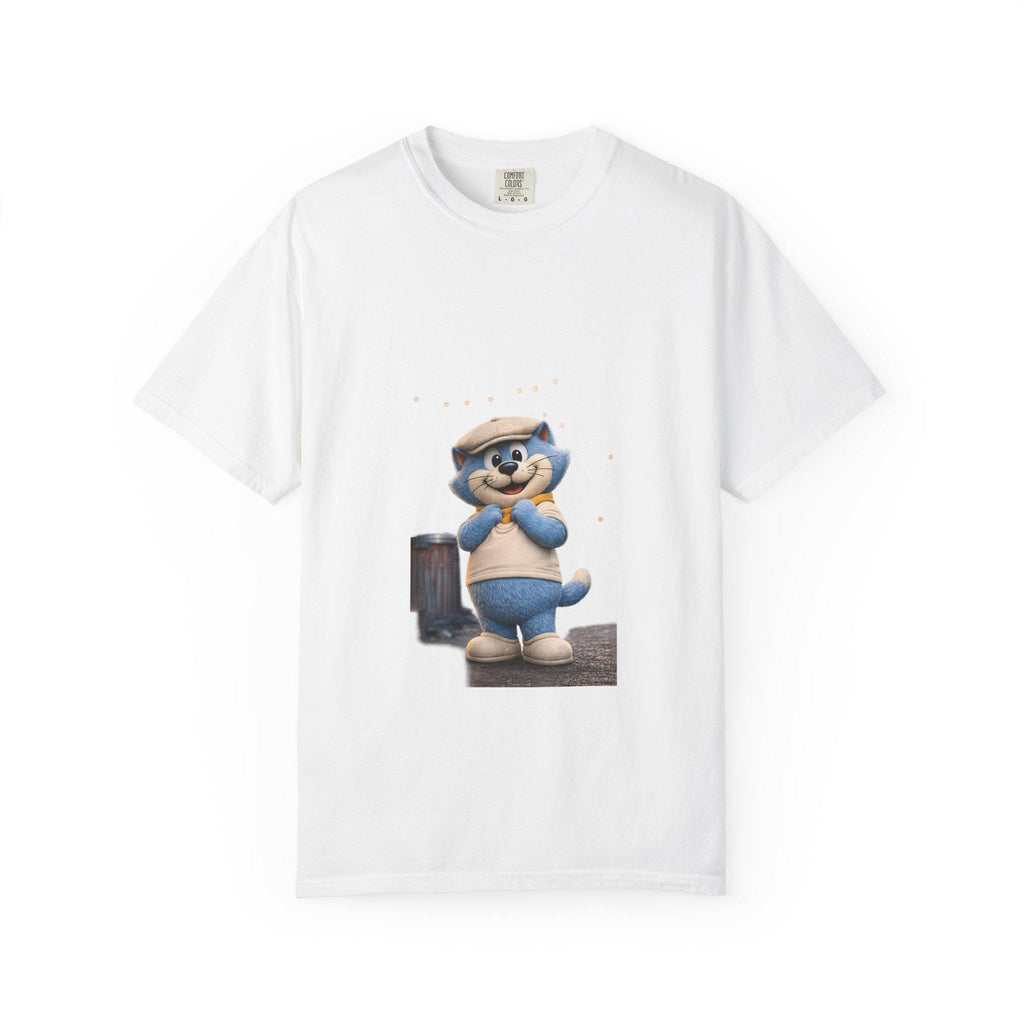Garment-Dyed Cotton T-Shirt | Smiling Blue Cat Cartoon Illustration