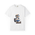 Garment-Dyed Cotton T-Shirt | Smiling Blue Cat Cartoon Illustration