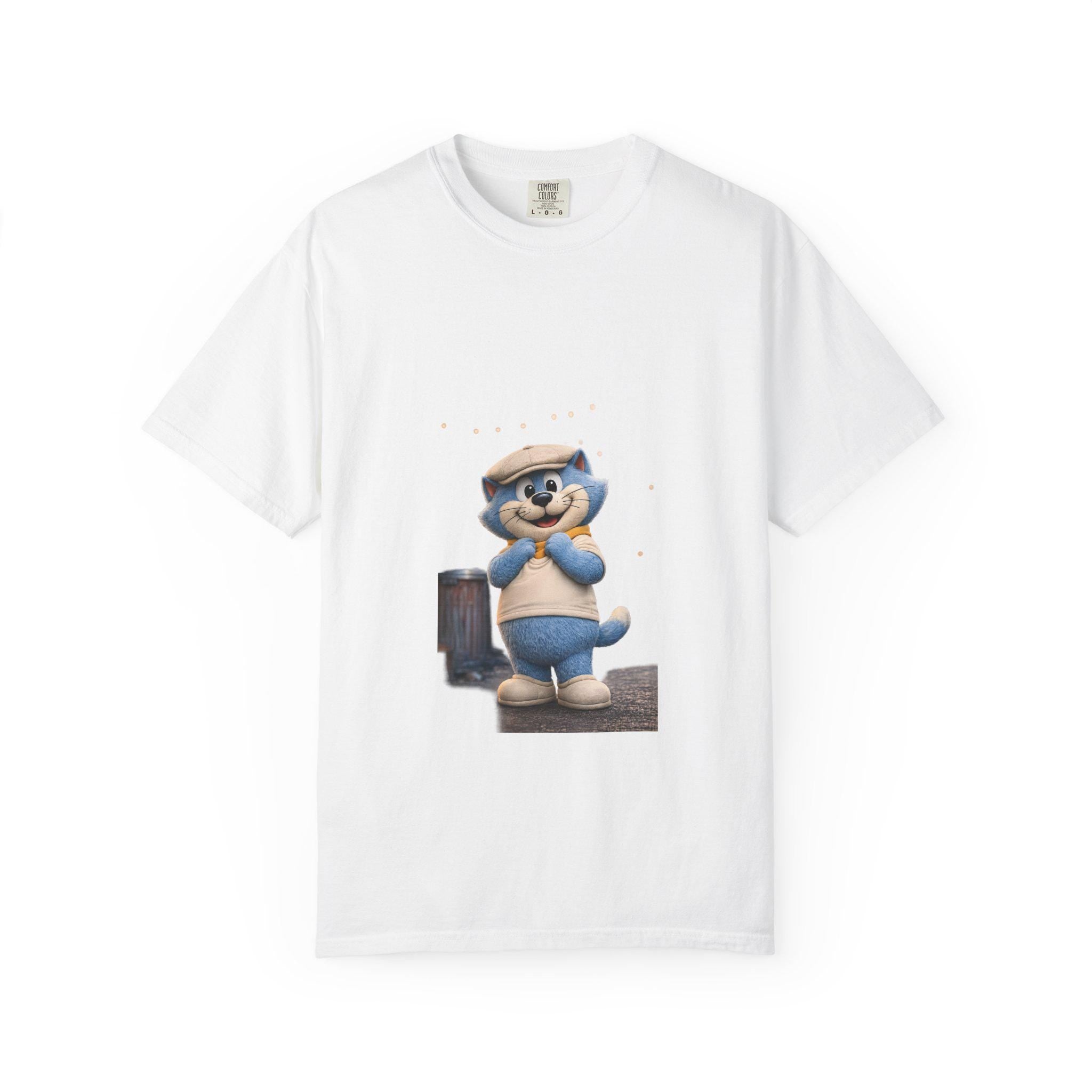Garment-Dyed Cotton T-Shirt | Smiling Blue Cat Cartoon Illustration