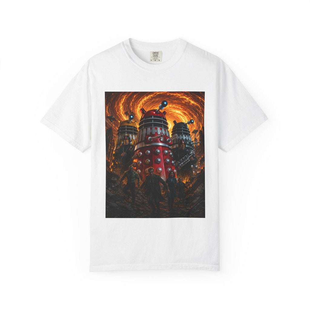 Dalek Invasion T-Shirt | Sci-Fi Robot Scene, Fiery Vortex Artwork